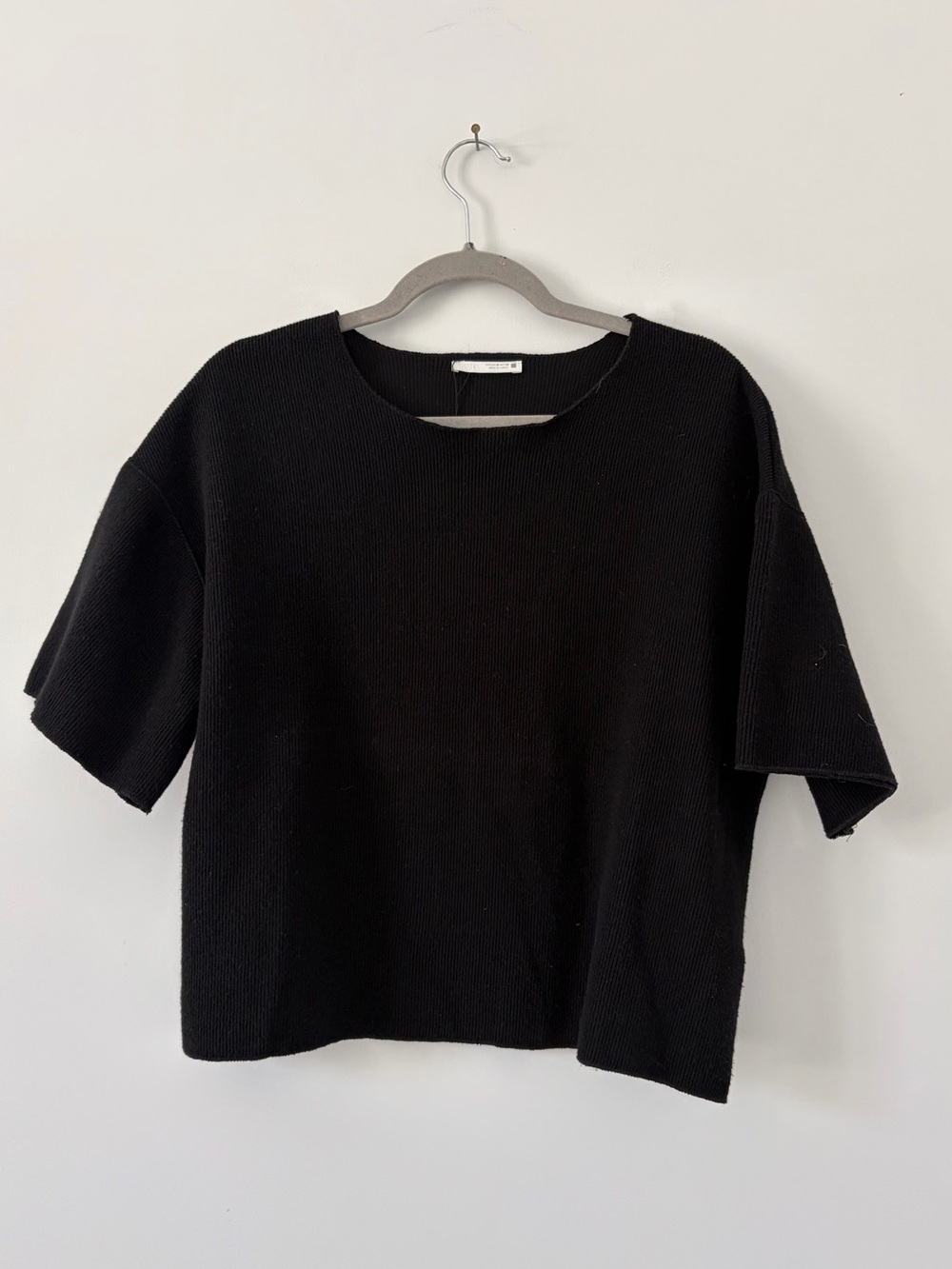 Zara Black Crewneck Elbow Length Sleeves Light Knit Boxy Relaxed Fit Blouse M